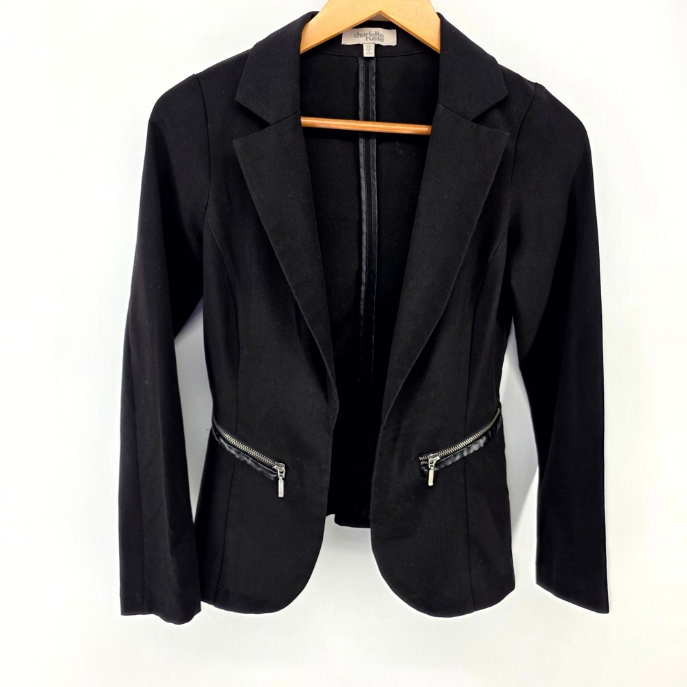 Charlotte Russe Blazer Women XS Black Faux Leather Trim Zip Pocket Open Front